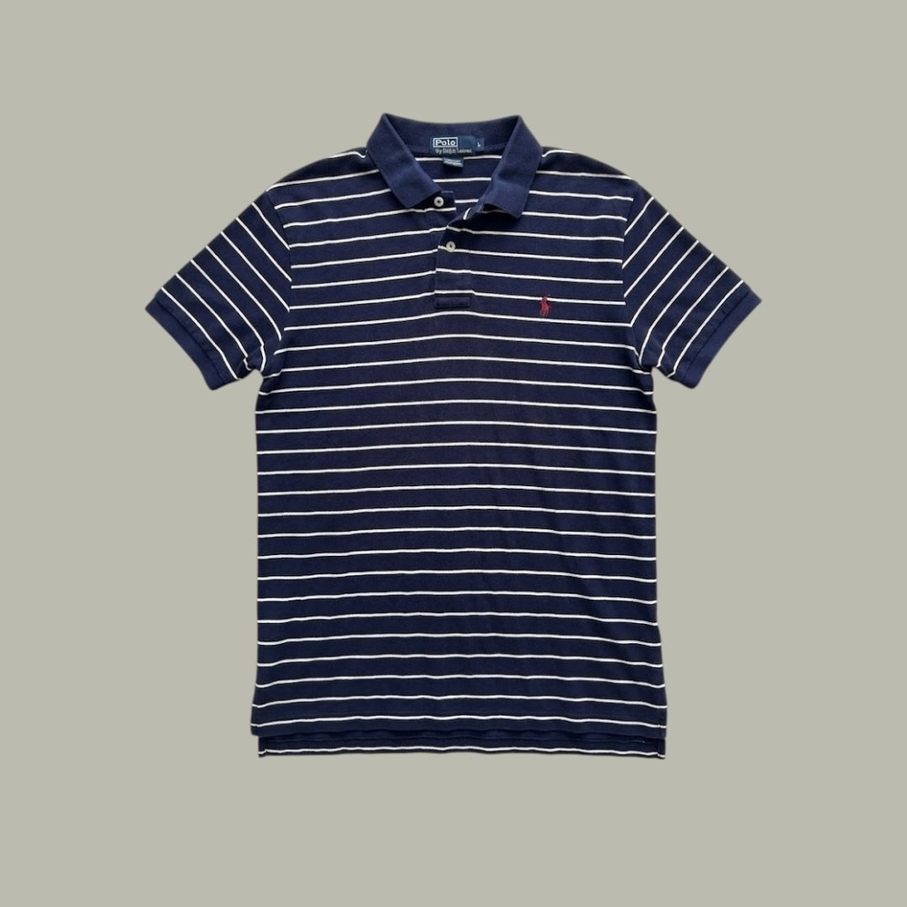 Polo Ralph Lauren Mens Large Navy Blue Striped Short Sleeve Pique Polo Shirt